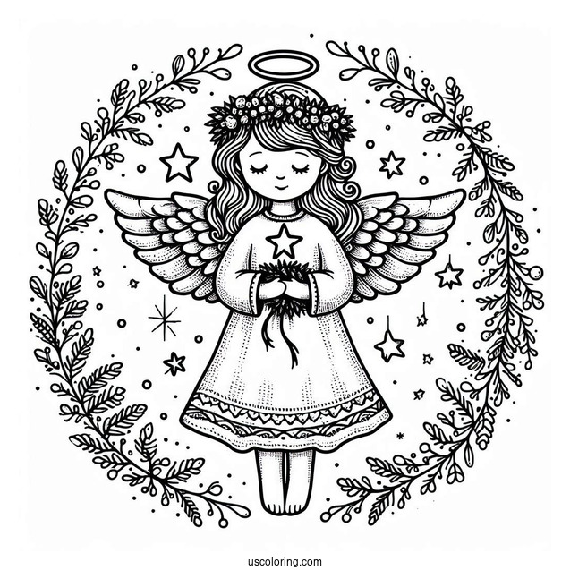Angel Holding Star With Christmas Wreath