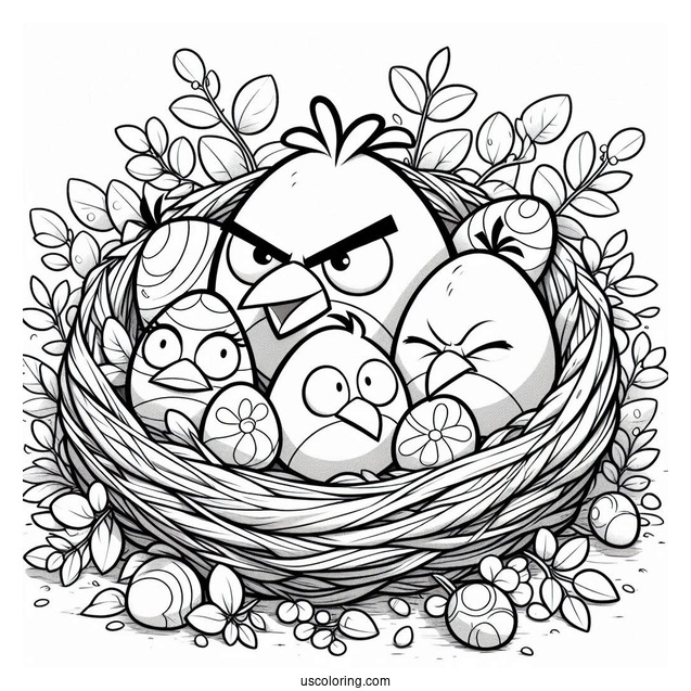 Coloring Page Of Angry Birds Around Eggs In Nest