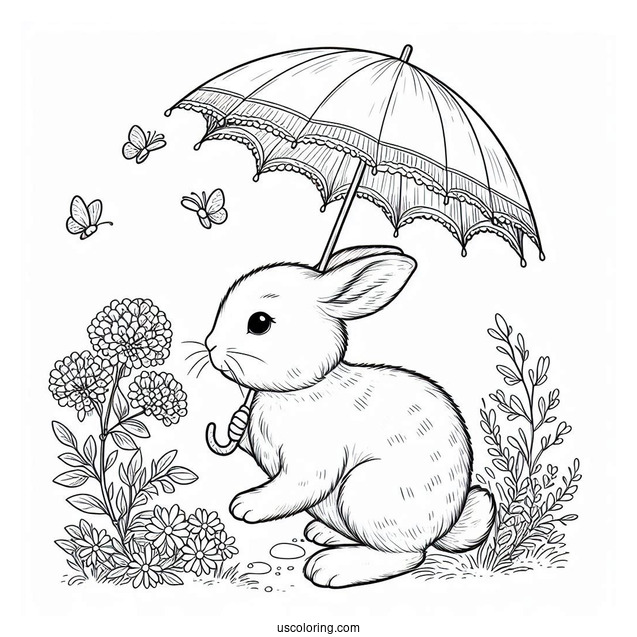 Rabbit With An Umbrella Taking A Stroll In April Coloring Page