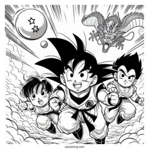Goku, Gohan, Bulma, And Krillin Chasing Dragon Balls