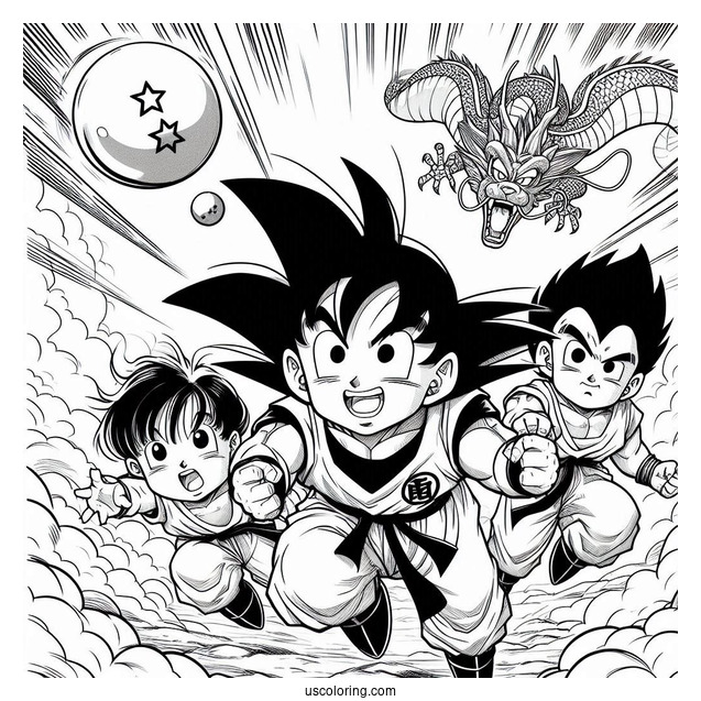Goku, Gohan, Bulma, And Krillin Chasing Dragon Balls