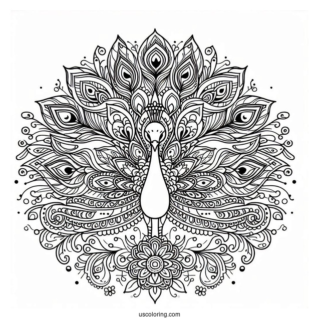 Peacock Spreading Its Wings Animal Mandala Coloring Page