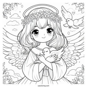 Adorable Angel Girl Holding a Dove To Color