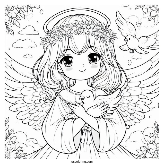 Adorable Angel Girl Holding a Dove To Color