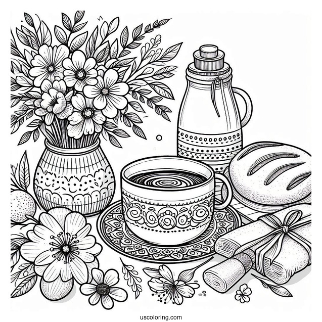 Calm April Coloring Page Morning With Tea, Bread And Flowers