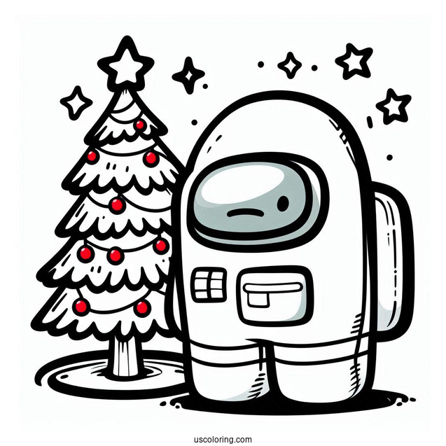 Simple Coloring Sheet of Crewmate with Christmas Tree