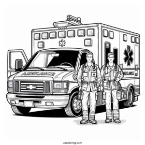 Paramedics With Medical Equipment In Front Of An Ambulance Coloring Page