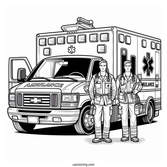 Paramedics With Medical Equipment In Front Of An Ambulance Coloring Page