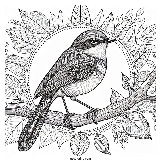 Realistic Bird Perched On A Tree Branch Animal Mandala Coloring Page