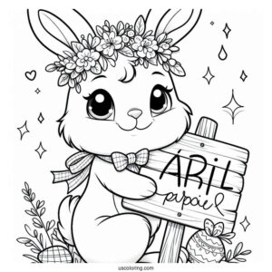 Easter Bunny Holding An April Coloring Page Signage For Kids