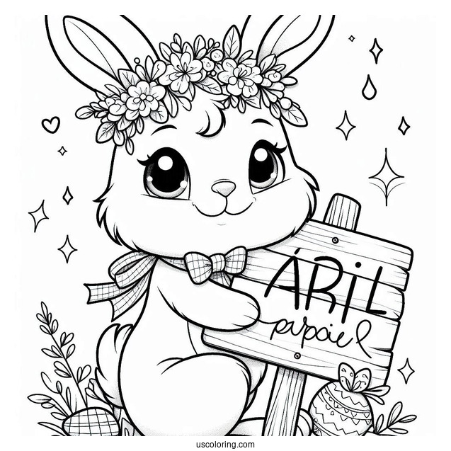 Easter Bunny Holding An April Coloring Page Signage For Kids