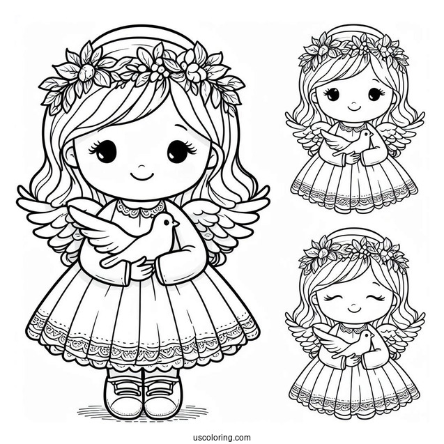 Adorable Angel Girl Holding a Dove To Color
