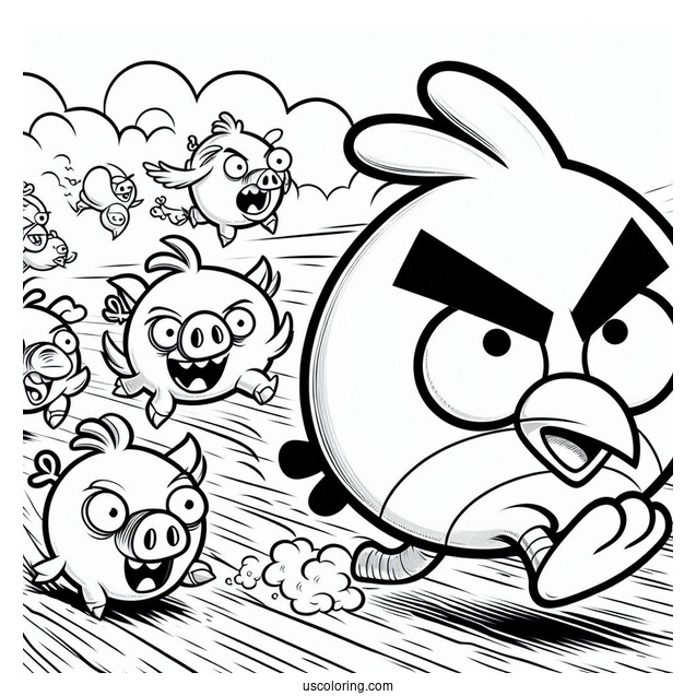 Angry Birds Charging Towards Pigs Coloring Page