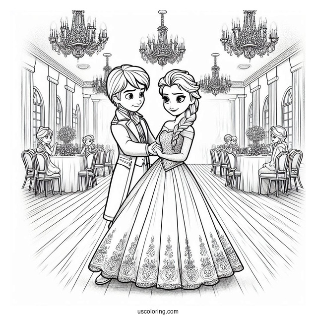 Anna And Elsa Holding Hands In Ballroom Coloring Sheet