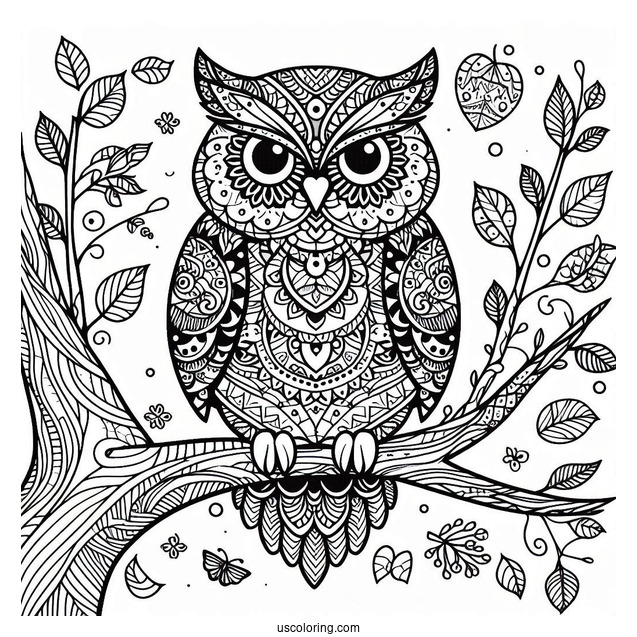 Owl Perched On A Tree Animal Mandala Coloring Page