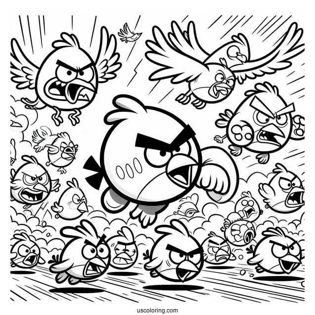 Angry Birds Charging Towards Pigs Coloring Page