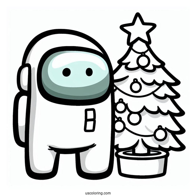 Simple Coloring Sheet of Crewmate with Christmas Tree