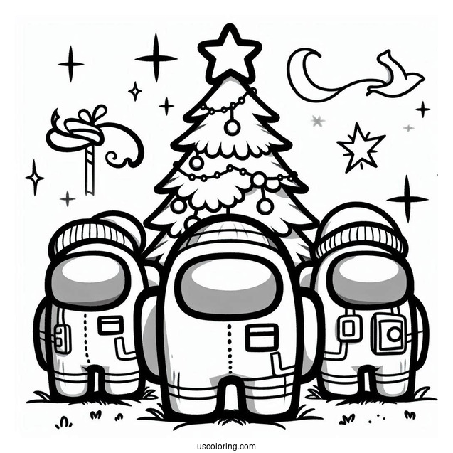 Simple Coloring Sheet of Crewmate with Christmas Tree