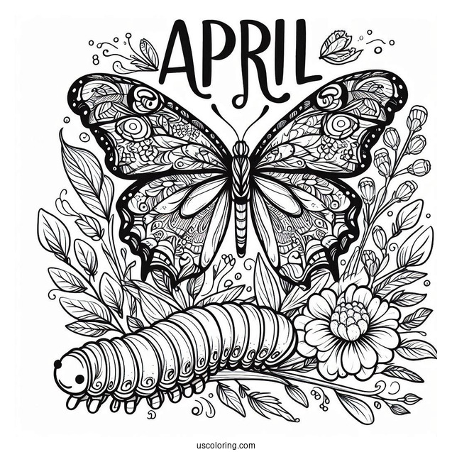 April Coloring Page Script Above Butterfly Perched On A Caterpillar