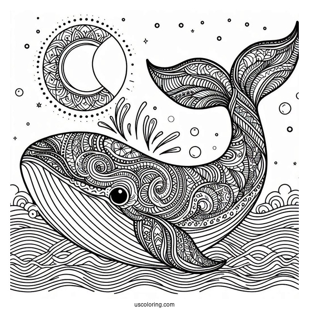 Whale Surfacing From The Waves Animal Mandala Coloring Page