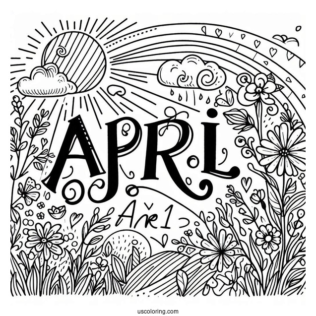 April Coloring Page Fun Word On A Sunny Day With Flowers