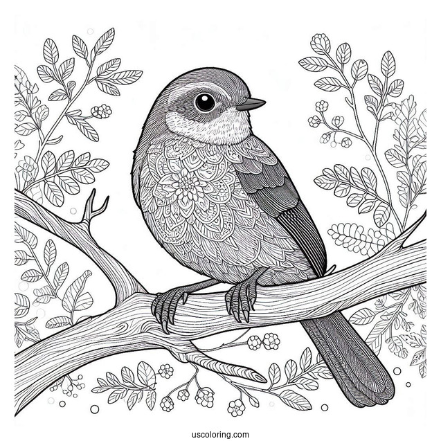 Realistic Bird Perched On A Tree Branch Animal Mandala Coloring Page