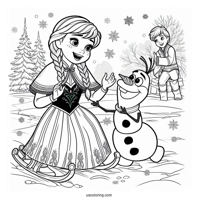 Anna And Olaf Playing In The Snow Coloring Page