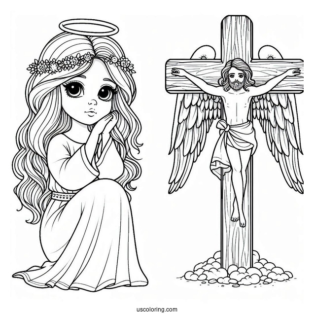 Young Angel Next To Jesus Cross To Color