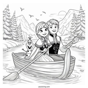 Anna And Olaf Riding Ice Boat In Water Coloring Page