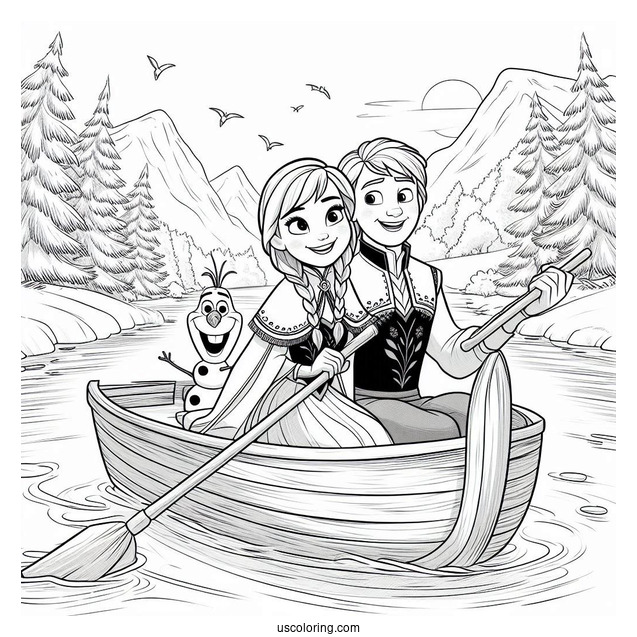 Anna And Olaf Riding Ice Boat In Water Coloring Page