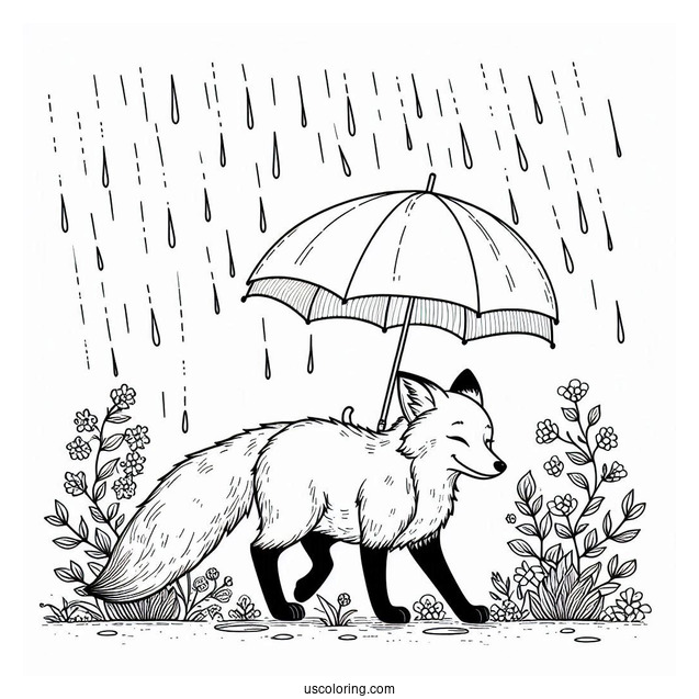 Fox Strolling Under April Coloring Page Showers