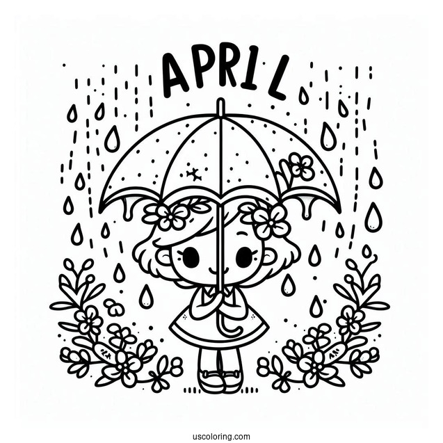 Cartoon Umbrella Under April Coloring Page Shower