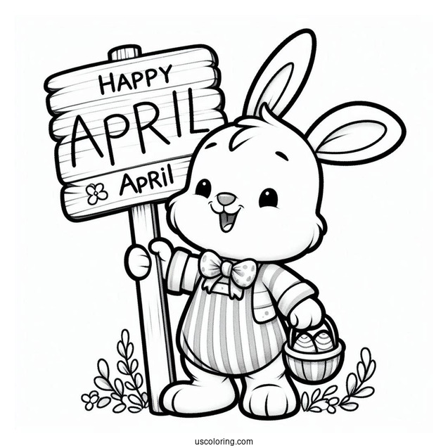 Easter Bunny Holding An April Coloring Page Signage For Kids