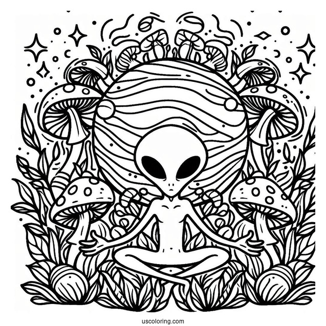 Trippy Alien Coloring Page Surrounded By Mushrooms With Planet At The Back