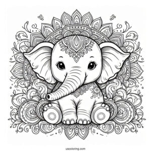 Vintage Baby Elephant Animal Mandala Coloring Page