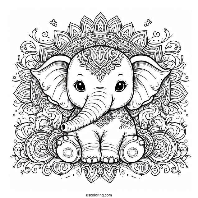 Vintage Baby Elephant Animal Mandala Coloring Page