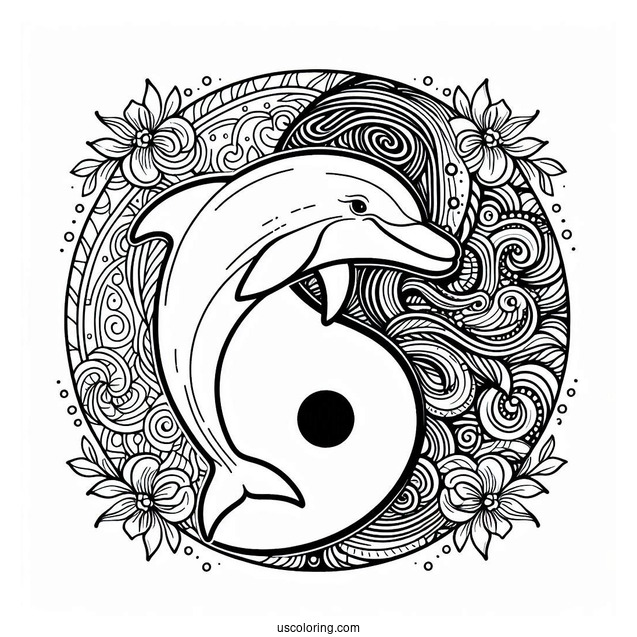 Dolphin Between Two Yin And Yang Animal Mandala Coloring Page