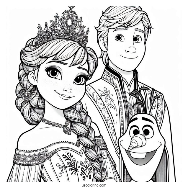 Queen Anna In Coronation With Olaf Coloring Page