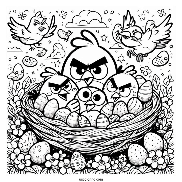 Coloring Page Of Angry Birds Around Eggs In Nest