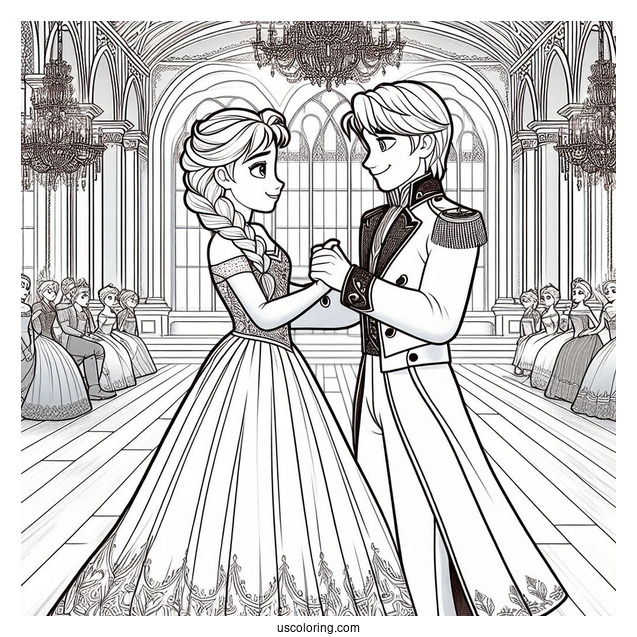 Anna And Elsa Holding Hands In Ballroom Coloring Sheet