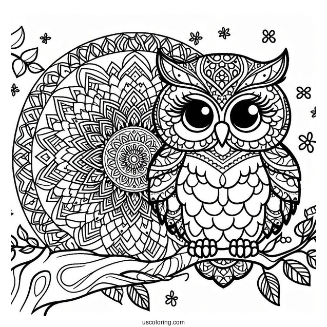 Owl Perched On A Tree Animal Mandala Coloring Page