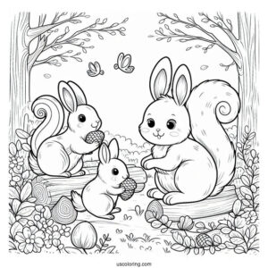 Cute Rabbit And Squirrel Playing In The Forest In April Coloring Page