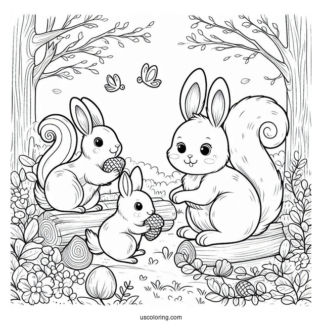 Cute Rabbit And Squirrel Playing In The Forest In April Coloring Page