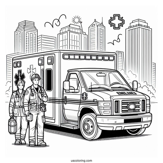 Paramedics With Medical Equipment In Front Of An Ambulance Coloring Page