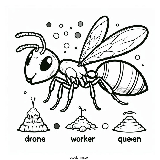 Ant Coloring Page Flashcard For Drone, Worker, Queen, And Anthill