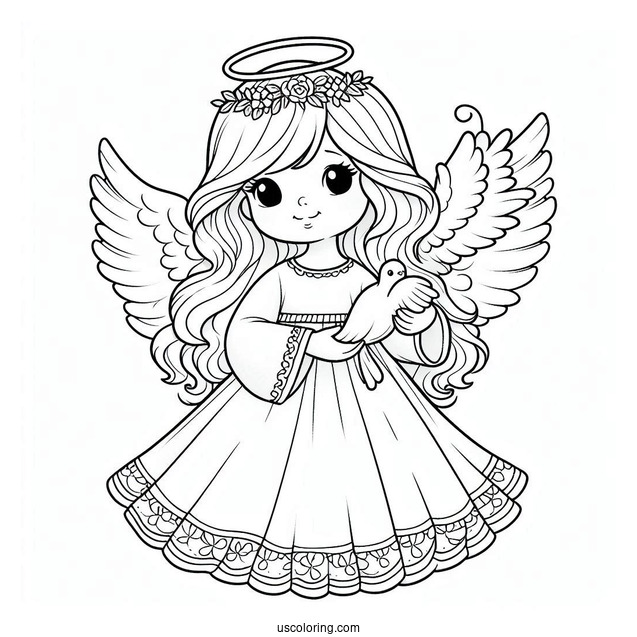 Adorable Angel Girl Holding a Dove To Color