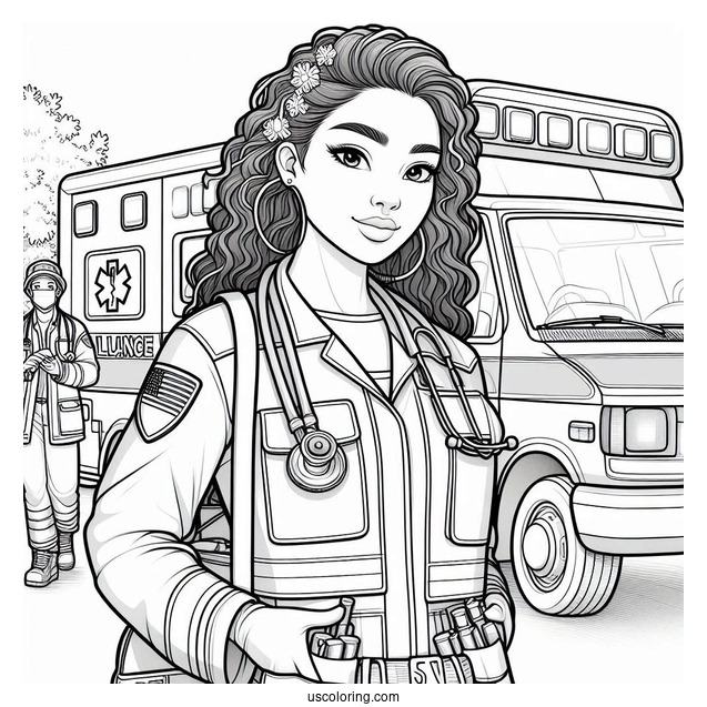 Paramedics With Medical Equipment In Front Of An Ambulance Coloring Page