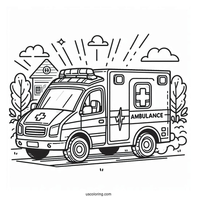 Ambulance Coloring Page Dropping Off Patient At Hospital For Kids