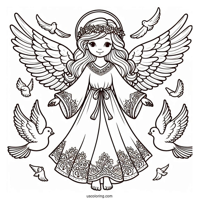 Divine Angel With Doves Coloring Page