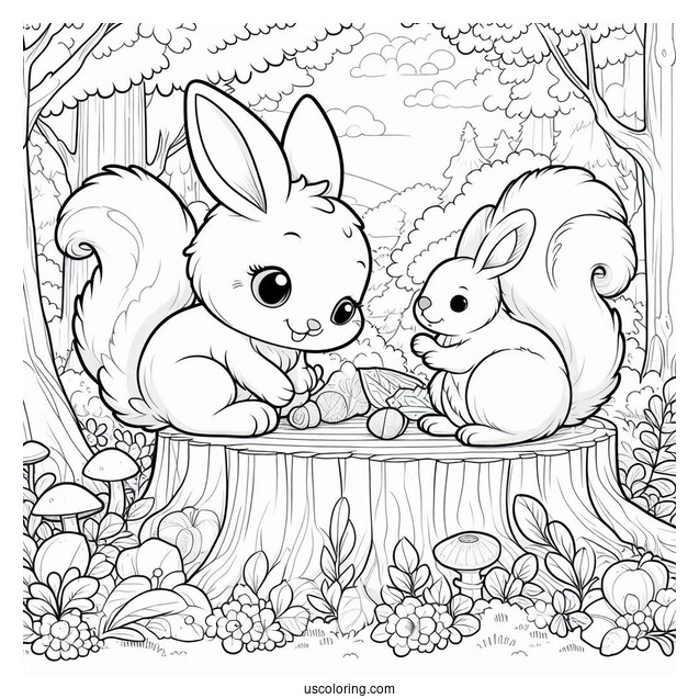 Cute Rabbit And Squirrel Playing In The Forest In April Coloring Page
